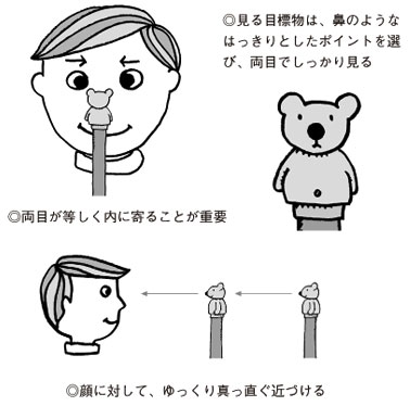輻湊訓練では、両目が等しく内に寄ることが重要です。見る目標物(キャラクターペンの人形など)は、鼻のようなはっきりとしたポイントを選び、両目でしっかり見るようにします。顔に対して、ゆっくり真っ直ぐ目標物を近づけましょう。