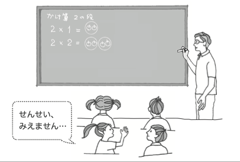 先生に黒板の字が見えないと言っている児童の絵